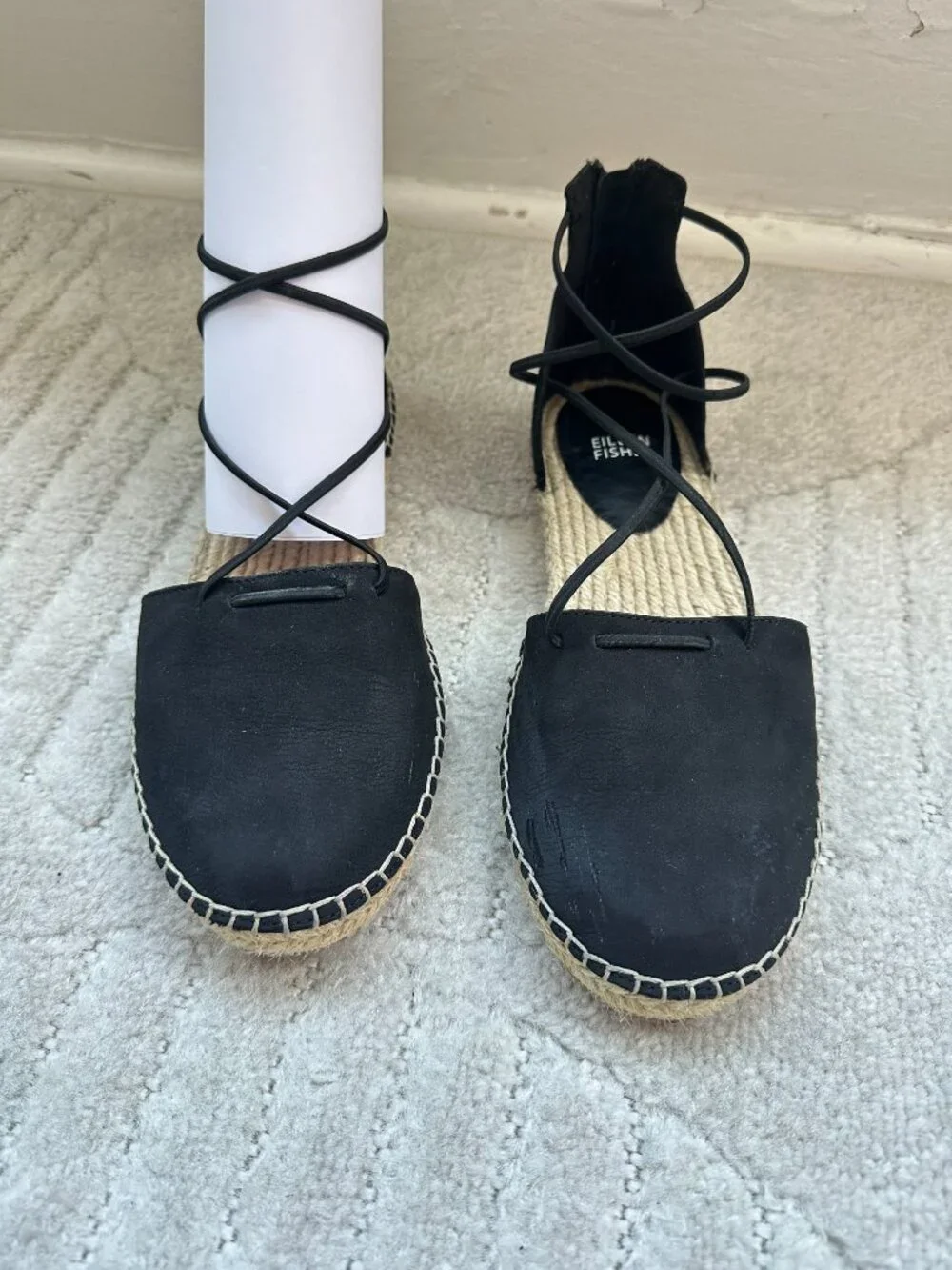Eileen Fisher Lace Black Leather Lace-Up Espadrille Flats Women’s Size 8